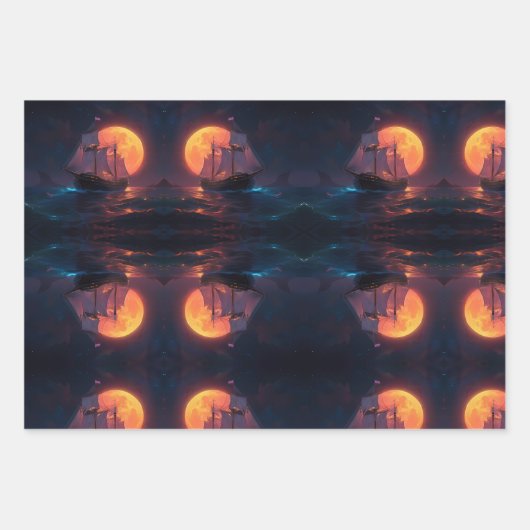 月に照らされた輝く空の下での航海 ラッピングペーパーシート (正面2)