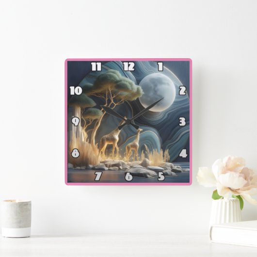 月に照らエレガントされたアフリカの空の下でキリンが鳴る スクエア壁時計 (ホーム)