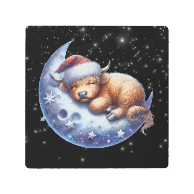 月に眠るサンタ・ハイランドの牛 メタルプリント (正面)