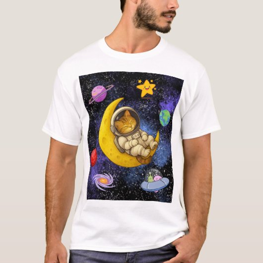 月に眠る宇宙飛行士の猫 Tシャツ (正面)