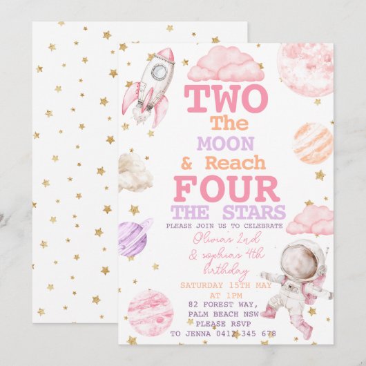 月に2人＆星に4人 2歳4歳誕生日 招待状 (正面/裏面)