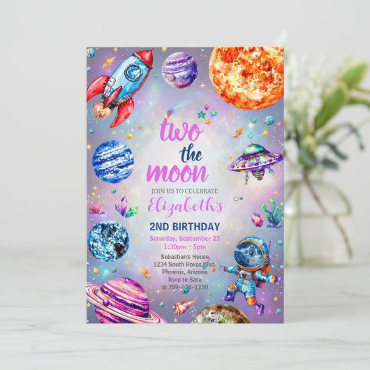 月に2歳 おめでとう 宇宙テーマのバースデーパーティー 招待状 (スタンド正面)