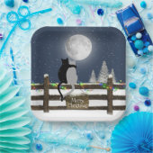 月のあるフェンスに乗ったクリスマス猫 ペーパープレート (パーティー)