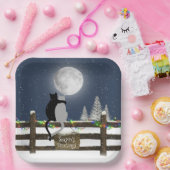 月のあるフェンスに乗ったクリスマス猫 ペーパープレート (パーティー)