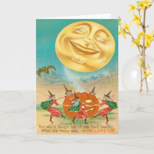 月のこうもりの魔法使いハロウィーンのカボチャのちょうちんの人 カード (黄色い花)