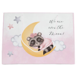 月のアライグマの女の子の赤ちゃんシャワーを夢見る ラージペーパーバッグ