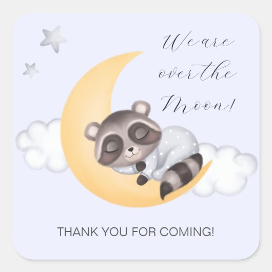 月のアライグマ男の子の赤ちゃんシャワーを夢見る スクエアシール (正面)