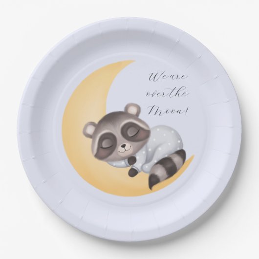 月のアライグマ男の子の赤ちゃんシャワーを夢見る ペーパープレート (正面)