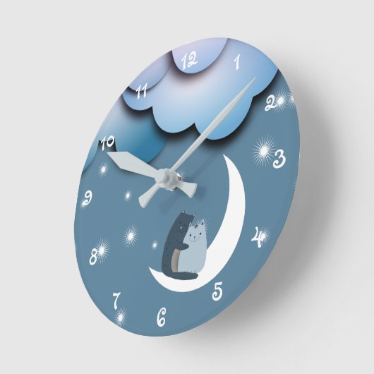 月のアートに可愛い猫 ラウンド壁時計 (傾斜)