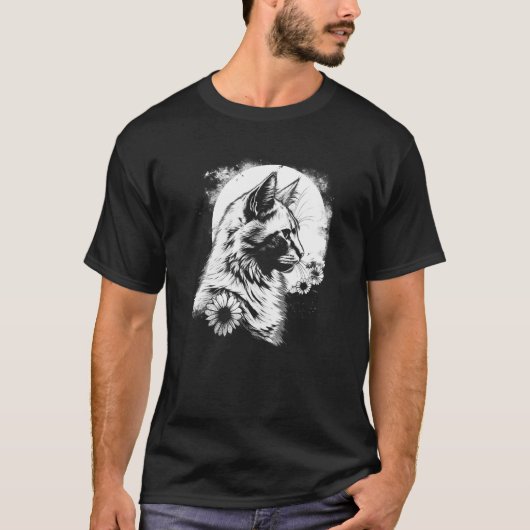 月のシルエットで美しい猫とヒマワリ Tシャツ (正面)