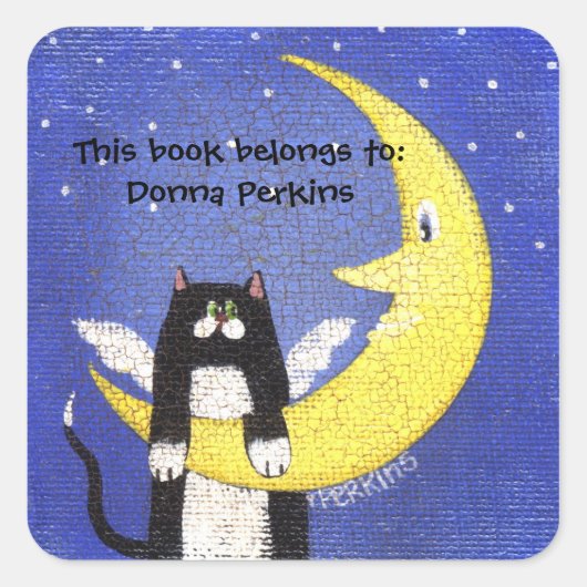 月のステッカーの猫 スクエアシール (正面)