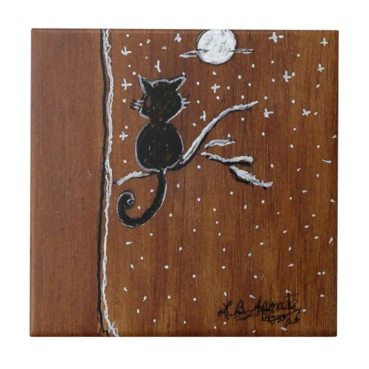 月のセラミックタイルで手足を伸ばす猫 タイル (正面)