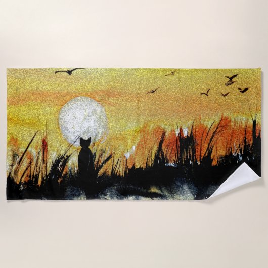 月のタオルにとりつかれた猫 ビーチタオル (正面)