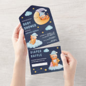 月のネイビーブルーの赤ちゃんシャワー Sleeping Tiger オールインワン招待状 (貼ってはがせる)