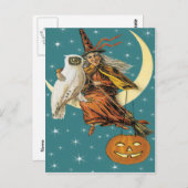 月のハガキの魔女とフクロウヴィンテージ ポストカード (正面/裏面)