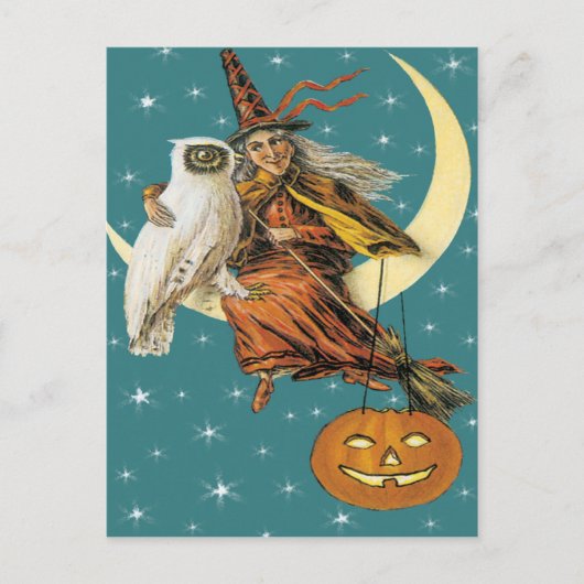 月のハガキの魔女とフクロウヴィンテージ ポストカード (正面)