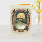 月のハロウィーンのカボチャのちょうちんの魔法使いの人 カード (黄色い花)