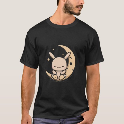 月のバニーウサギ三日月の復活祭に座って Tシャツ (正面)