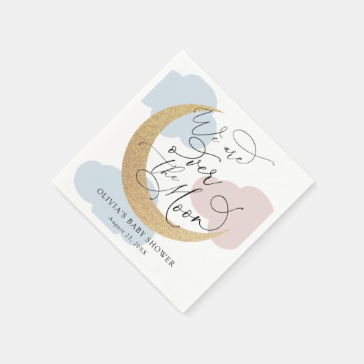 月のピンクと青の赤ちゃんシャワーの上で スタンダードカクテルナプキン (角)