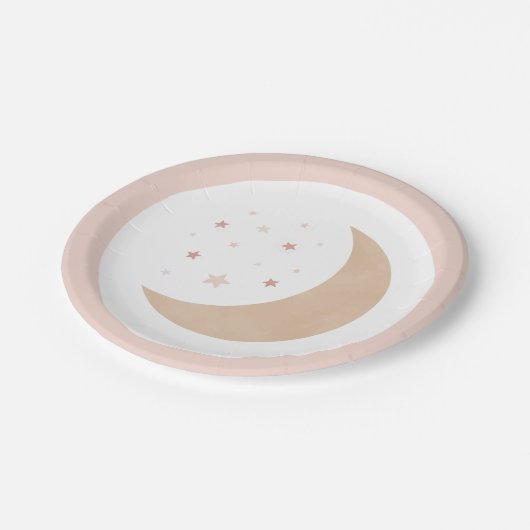 月のピンクの女の子のベビーシャワーの上 ペーパープレート (アングル)