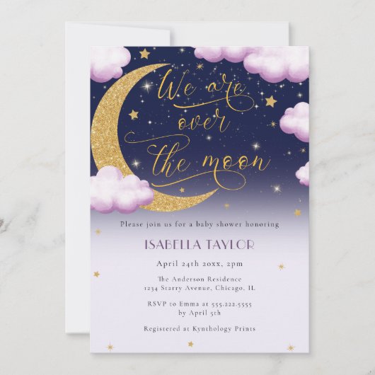 月のピンクの女の子のベビーシャワーの上 招待状 (正面)