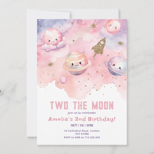 月のピンクの女の子の惑星と星の誕生日 招待状 (正面)