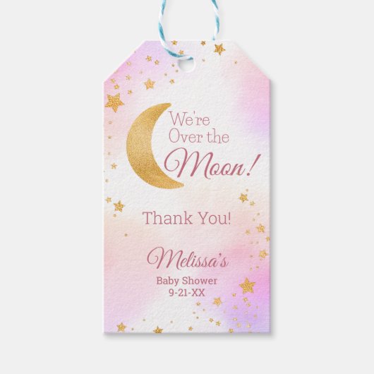 月のピンクの女の子の赤ちゃんシャワーありがとう ギフトタグ (正面)