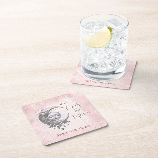 月のピンクの女の子の赤ちゃんシャワーの上で スクエアペーパーコースター (インサイチュ)