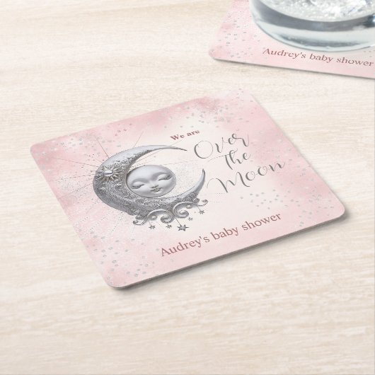 月のピンクの女の子の赤ちゃんシャワーの上で スクエアペーパーコースター (アングル)