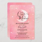 月のピンクの水色のベビーシャワーの上 招待状 (正面/裏面)