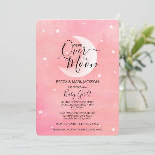 月のピンクの水色のベビーシャワーの上 招待状 (スタンド正面)