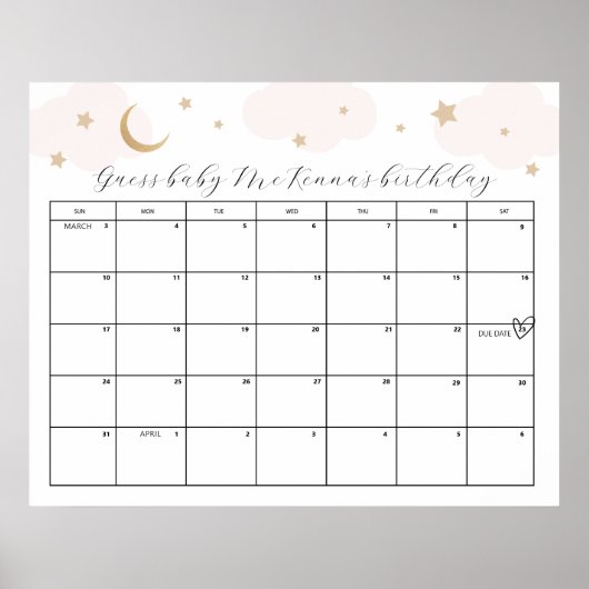 月のピンクの赤ちゃんシャワーの締め切り日付推測ゲーム ポスター (正面)
