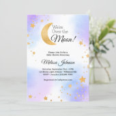 月のピンク色の青い赤ん男女兼用坊のシャワー 招待状 (スタンド正面)