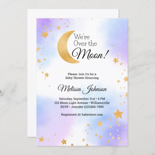 月のピンク色の青い赤ん男女兼用坊のシャワー 招待状 (正面/裏面)