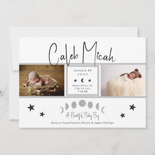 月のフェーズ&星フォトベビー誕生のお知らせ 招待状 (正面)