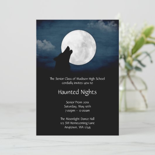 月のプロムのフォーマルな招待状で遠ぼえしているオオカミ 招待状 (スタンド正面)