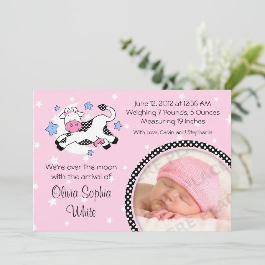 月のベビーの写真の誕生の発表上の牛 案内状 (スタンド正面)