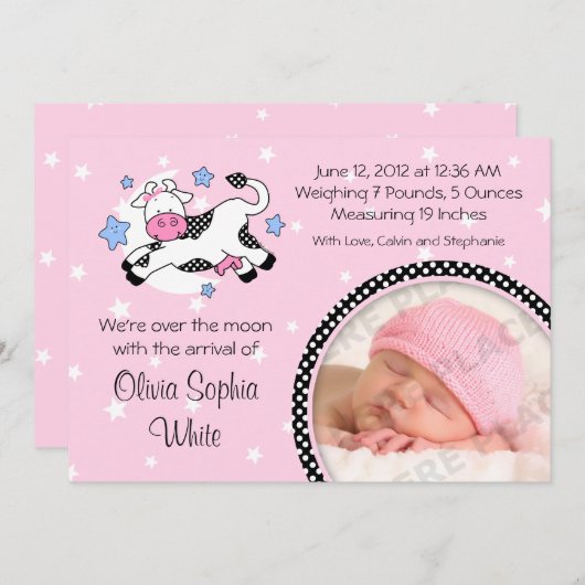 月のベビーの写真の誕生の発表上の牛 案内状 (正面/裏面)