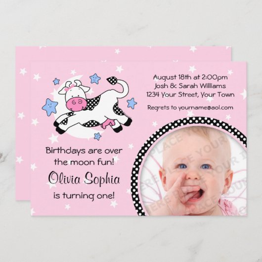 月のベビーの写真の誕生日にわたる牛 招待状 (正面/裏面)
