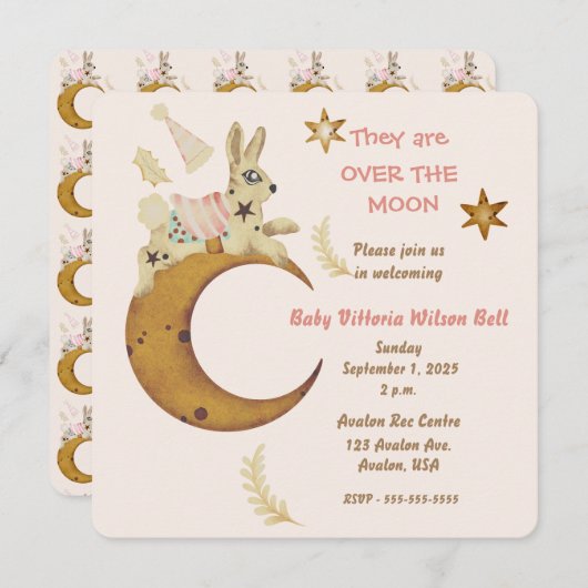 月のベビーガールシャワーを浴びる 招待状 (正面/裏面)