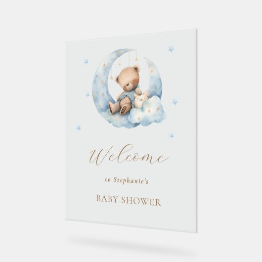 月のベビーシャワーの上にテディベアームーン アクリルサイン (傾斜)