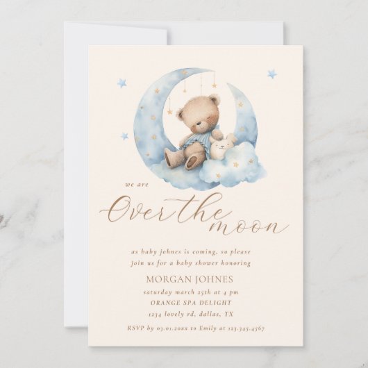 月のベビーシャワーの上にテディベアームーン 招待状 (正面)