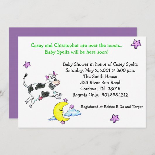 月のベビーシャワー招待状上の牛 招待状 (正面/裏面)