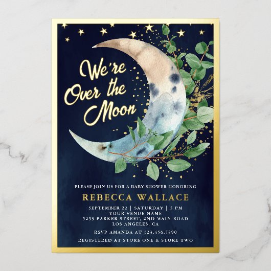 月のユーカリの上で赤ちゃんシャワー海軍金ゴールド 箔招待状 (正面)