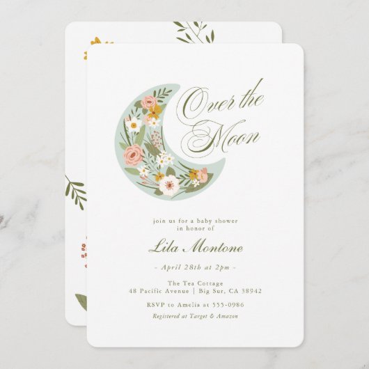 月のワイルドフラワーの赤ちゃんシャワーの上で 招待状 (正面/裏面)