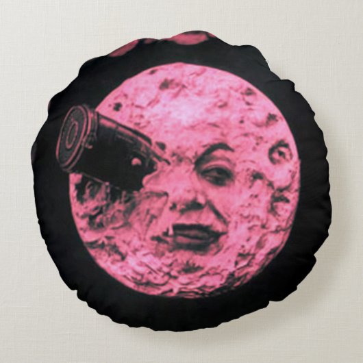 月のヴィンテージの映画館のピンクの版への旅行 ラウンドクッション (裏面)