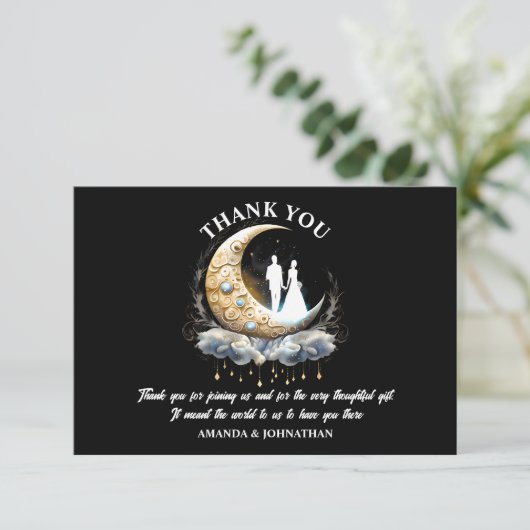 月の三日月天体カップルのシルエット夜 サンキューカード (スタンド正面)