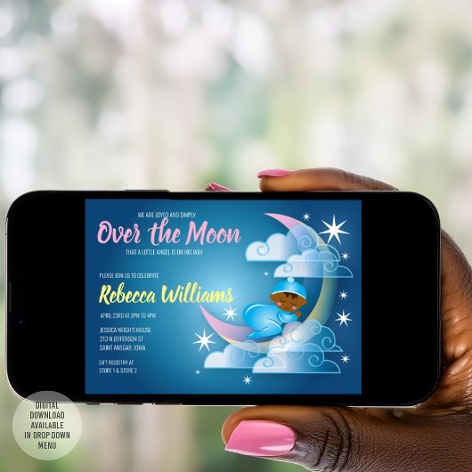 月の上でクラッドベビーシャワー – より暗い肌 招待状