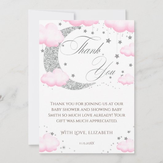 月の上でシルバーピンクの赤ちゃんシャワーへようこそ サンキューカード (正面)