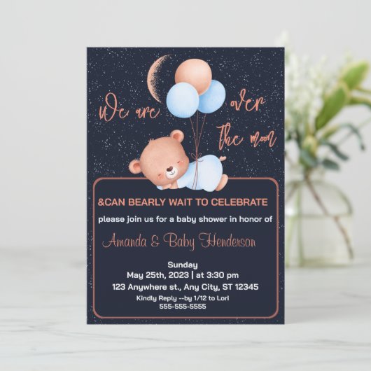 月の上でテディベアセージ緑の赤ちゃんシャワー 招待状 (スタンド正面)